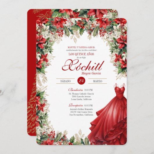 Weihnachten Roter Winter Urlaub Quinceañera Einladung (Vorne/Hinten)
