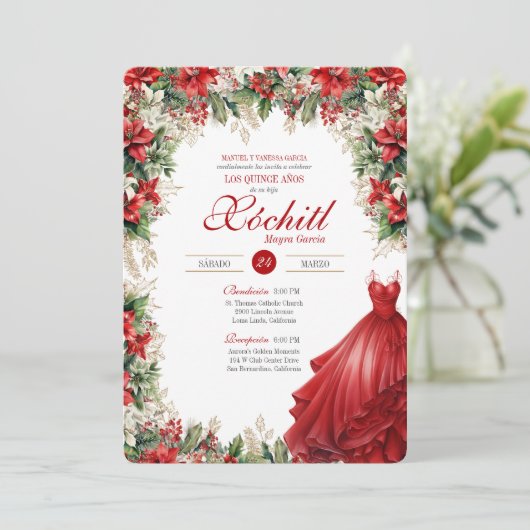 Weihnachten Roter Winter Urlaub Quinceañera Einladung (Stehend Vorderseite)