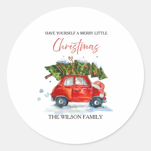 Weihnachten - Rotes Auto & Baum Runder Aufkleber (Vorderseite)