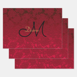 Weihnachten Rotes Gold Schwarzes Winter Monogramm Geschenkpapier Set