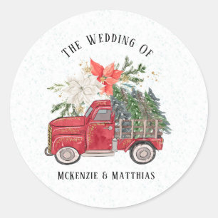 Weihnachten Rotes Vintage-LKW und Bäume Hochzeit Runder Aufkleber