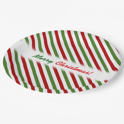 Weihnachten; Rotes, weißes u. grünes gestreiftes Pappteller (Schrägansicht)