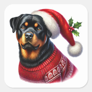 Weihnachten Rottweiler mit einem festlichen Pullov Quadratischer Aufkleber
