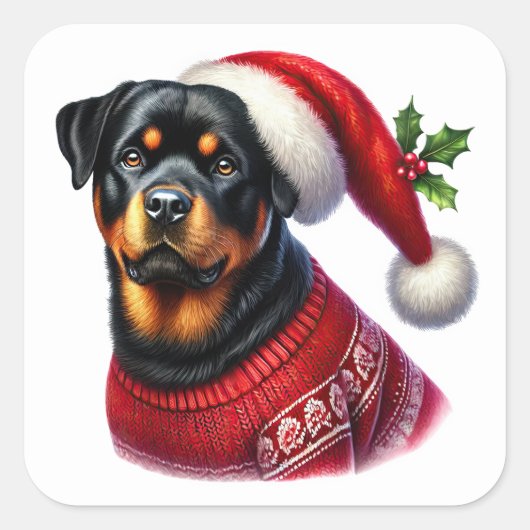 Weihnachten Rottweiler mit einem festlichen Pullov Quadratischer Aufkleber (Vorderseite)