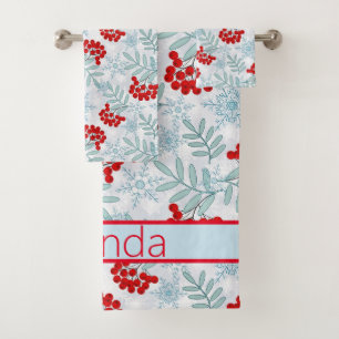 Weihnachten, Rowan, rot, weiß, Schneeflocken Badhandtuch Set
