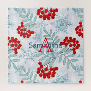 Weihnachten, Rowan, rot, weiß, Schneeflocken Jigsa Puzzle
