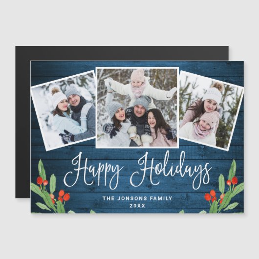 Weihnachten Rustic Blue Wood 3 FOTO Magnetkarte (Vorne/Hinten)