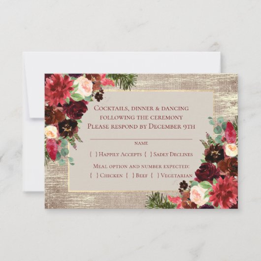 Weihnachten Rustic Boho Floral Marsala Burlap Entr RSVP Karte (Vorderseite)