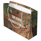 Weihnachten Rustic Wood Joy Frohe Weihnachten Große Geschenktüte (Rückseite Schrägansicht)