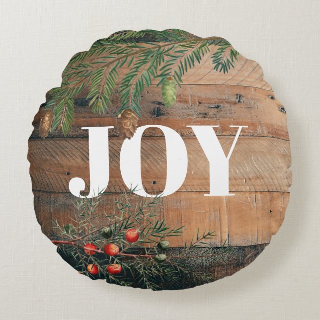 Weihnachten Rustic Wood Joy Rundes Kissen (Vorderseite)