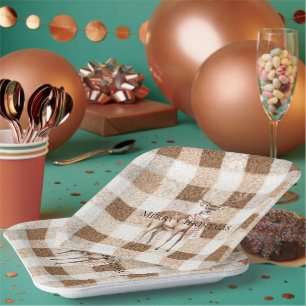 Weihnachten Rustikal Creme Braun Kariert Hirsch Pappteller