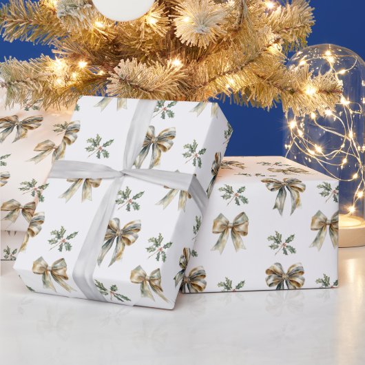 Weihnachten Rustikal Green Gold Bows Holly Geschenkpapier (Feiertage)