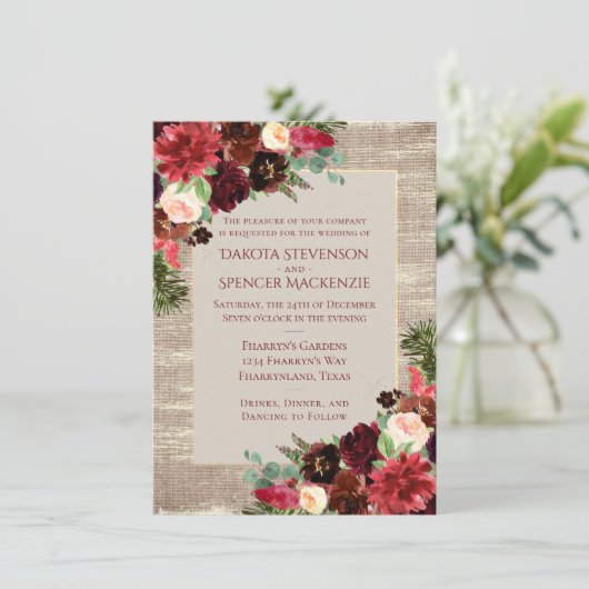 Weihnachten Rustikale Boho Floral Burgundy Gold Bu Einladung (Stehend Vorderseite)