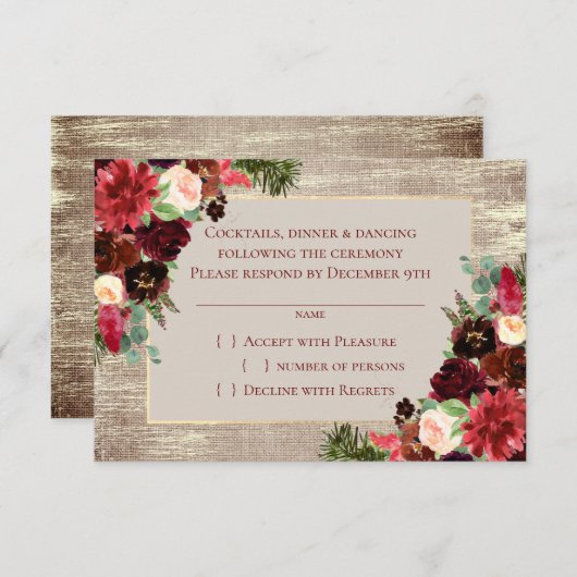 Weihnachten Rustikale Boho Floral Burgundy Gold Bu RSVP Karte (Vorne/Hinten)