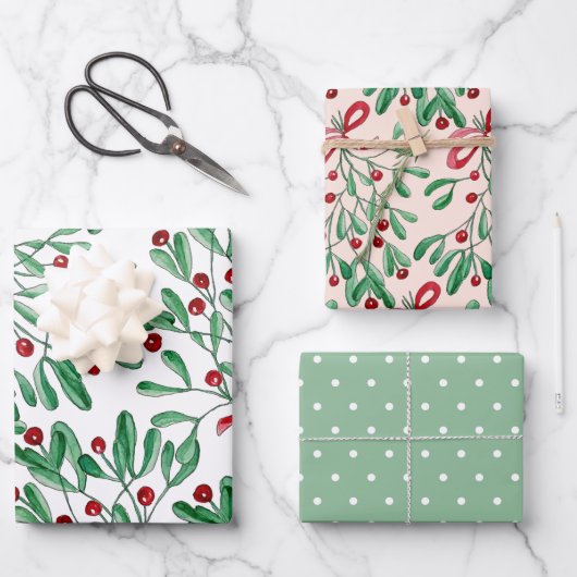 Weihnachten Rustikale Mistletoe Wasserfarbe Handge Geschenkpapier Set (Vorderseite)