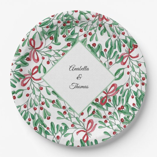 Weihnachten Rustikale Mistletoe Wasserfarbe Handge Pappteller (Vorderseite)