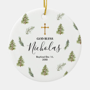 Weihnachten Rustikale Pinienbäume Taufe Gott segne Keramik Ornament