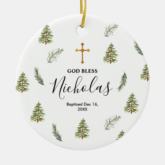 Weihnachten Rustikale Pinienbäume Taufe Gott segne Keramik Ornament (Vorne)