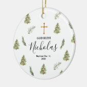 Weihnachten Rustikale Pinienbäume Taufe Gott segne Keramik Ornament (Links)