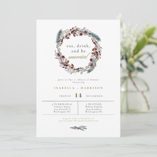 WEIHNACHTEN Rustikale Winterpine Hochzeit Probe Di Einladung (Stehend Vorderseite)