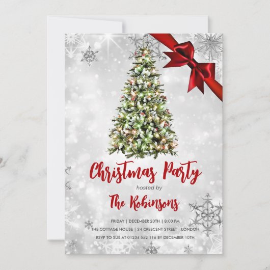 Weihnachten | Rustikaler Baum & Roter Ribbon Holid Einladung (Vorderseite)