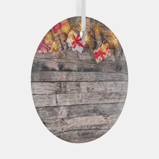 Weihnachten rustikaler Hintergrund, Holzplanken. Ornament Aus Glas (Vorderseite Rechts)