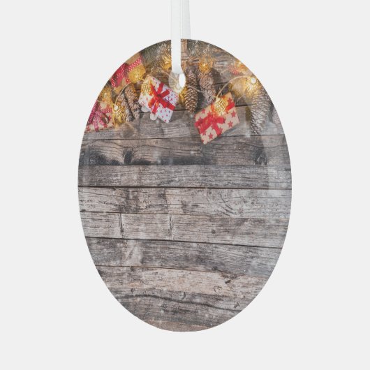 Weihnachten rustikaler Hintergrund, Holzplanken. Ornament Aus Glas (Vorderseite links)