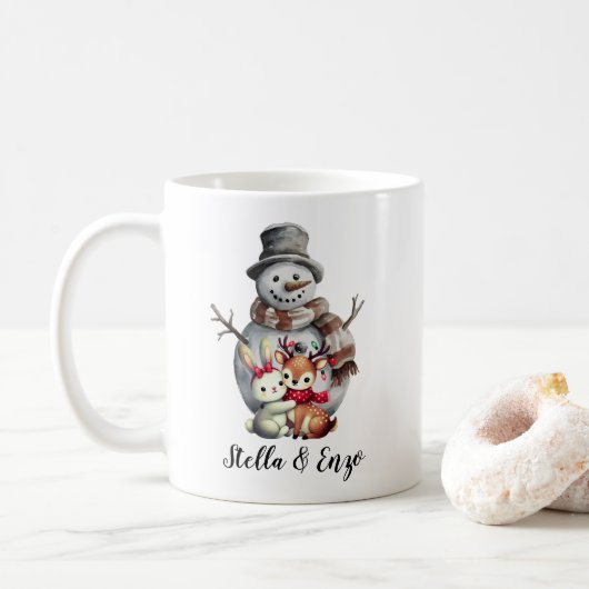Weihnachten Rustikaler Schneemann Hirsche Kaninche Kaffeetasse (Mit Donut)