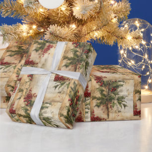 Weihnachten Rustikales Vintages Papier Holly Red B Geschenkpapier
