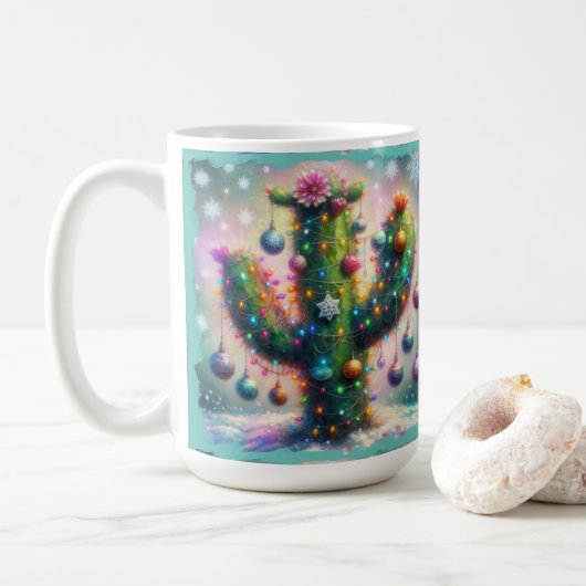 Weihnachten Saguaro Cactus Whimsical Snowflakes Kaffeetasse (Mit Donut)
