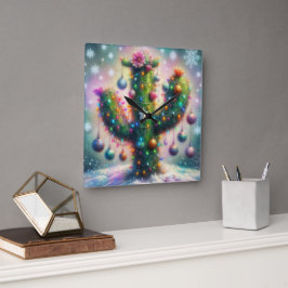 Weihnachten Saguaro Cactus Whimsical Snowflakes Quadratische Wanduhr