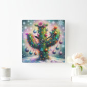 Weihnachten Saguaro Cactus Whimsical Snowflakes Quadratische Wanduhr (Zuhause)