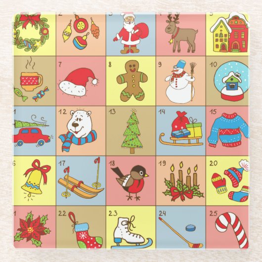 Weihnachten: Sammlung von Doodle-Elementen Glasuntersetzer (Vorderseite)