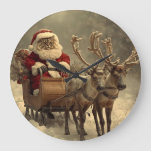 Weihnachten Santa Katze Vintage Retro Winter Renti Große Wanduhr