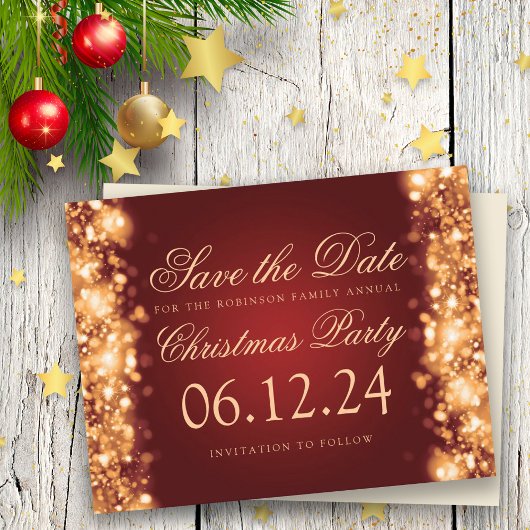 Weihnachten Save the Date funkelnde Lichter Gold R Ankündigungspostkarte