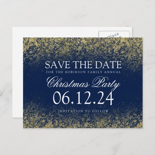 Weihnachten Save the Date Gold Glitzer Dust Navy B Ankündigungspostkarte (Vorne/Hinten)