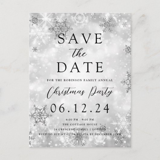 Weihnachten Save the Date Silver Winter Wonder Ankündigungspostkarte (Vorderseite)