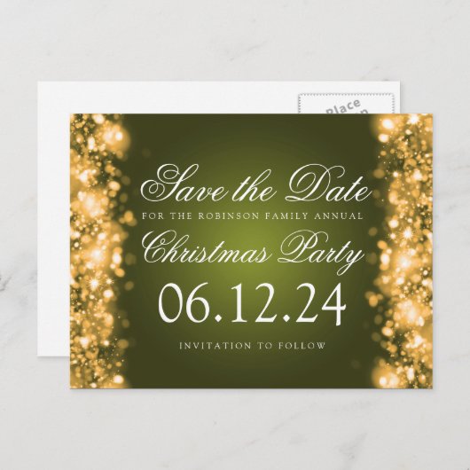 Weihnachten Save the Date Sparkling Gold Green Ankündigungspostkarte (Vorne/Hinten)