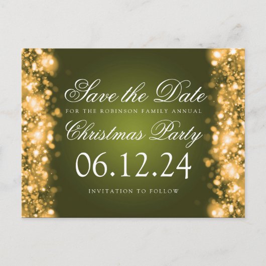 Weihnachten Save the Date Sparkling Gold Green Ankündigungspostkarte (Vorderseite)