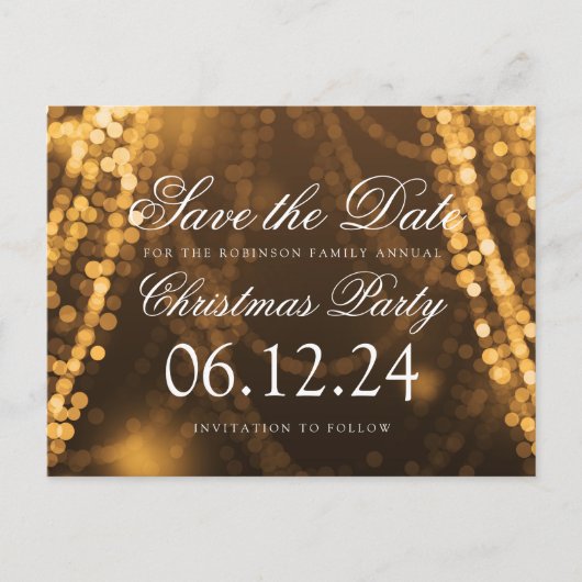 Weihnachten Save the Date Twinkle String Lights Go Ankündigungspostkarte (Vorderseite)