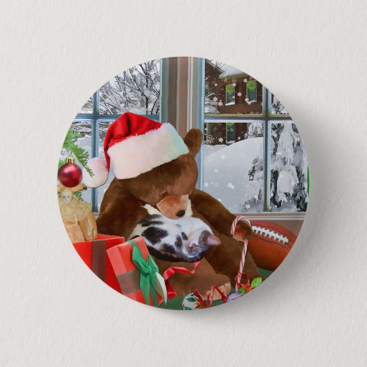 Weihnachten, Schlafenkatze, Teddybär Button (Vorderseite)