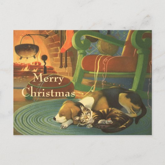 Weihnachten, Schlaftiere am Kamin Feiertagspostkarte (Vorderseite)