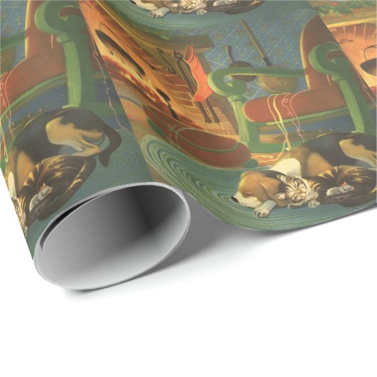 Weihnachten, Schlaftiere am Kamin Geschenkpapier (Rolleneckpunkt)