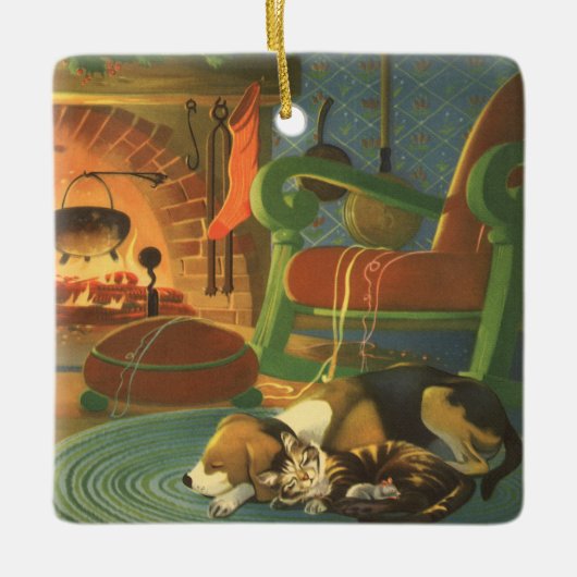 Weihnachten, Schlaftiere am Kamin Keramikornament (Vorderseite)