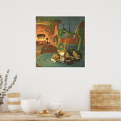 Weihnachten, Schlaftiere am Kamin Poster (Küche)