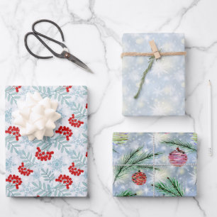 Weihnachten, Schneeflocken, Beeren, Weihnachtsbäum Geschenkpapier Set