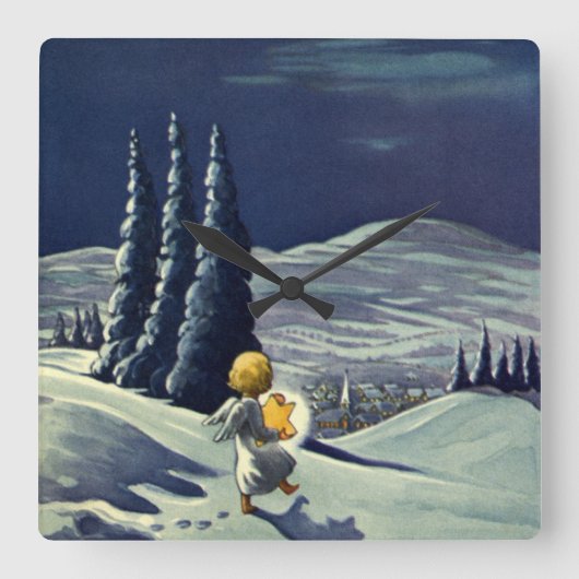 Weihnachten, Schneegel Walking mit einem Stern Quadratische Wanduhr (Vorderseite)