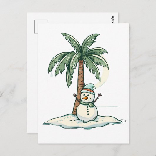 Weihnachten - Schneemann am Strand mit Palmenbaum Postkarte (Vorne/Hinten)