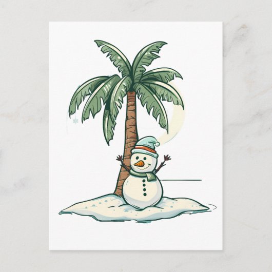 Weihnachten - Schneemann am Strand mit Palmenbaum Postkarte (Vorderseite)