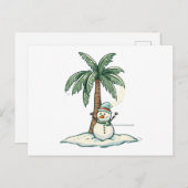 Weihnachten - Schneemann am Strand mit Palmenbaum Postkarte (Vorne/Hinten)